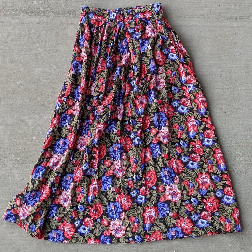 VINTAGE INTENTIONS Black Floral Midi Skirt with Purple and Red Flowers, Size XS